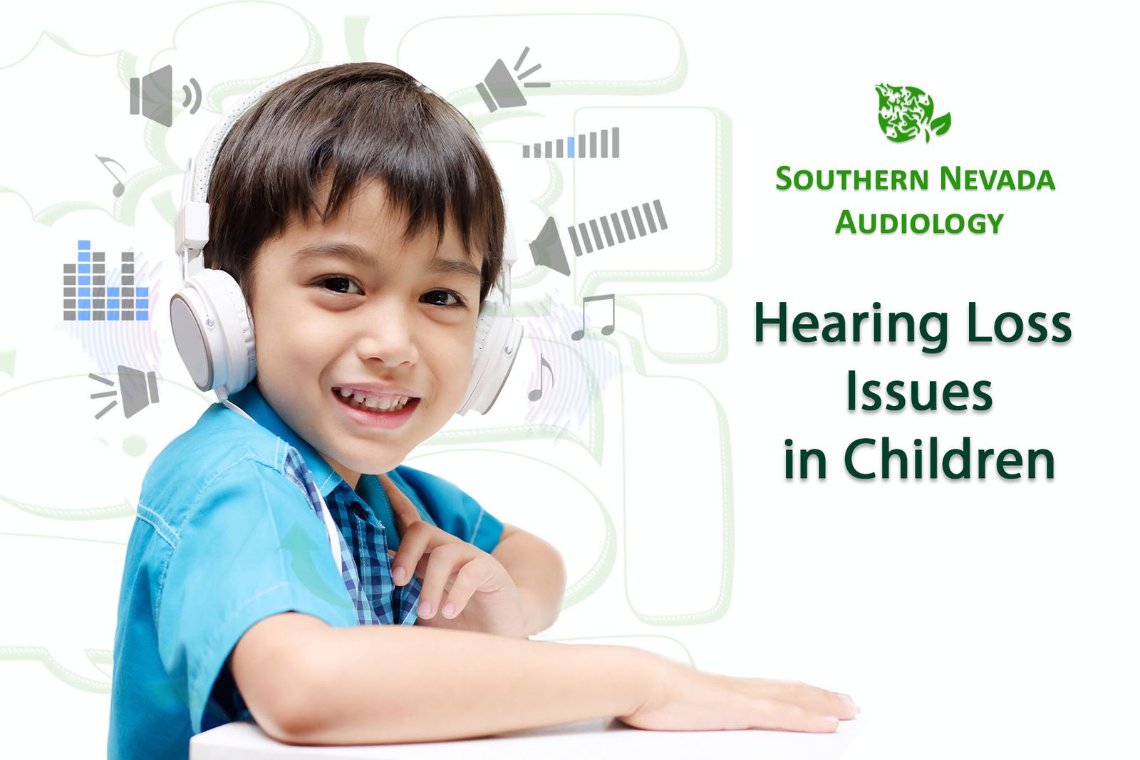 Young boy listening to head phones, smiling.