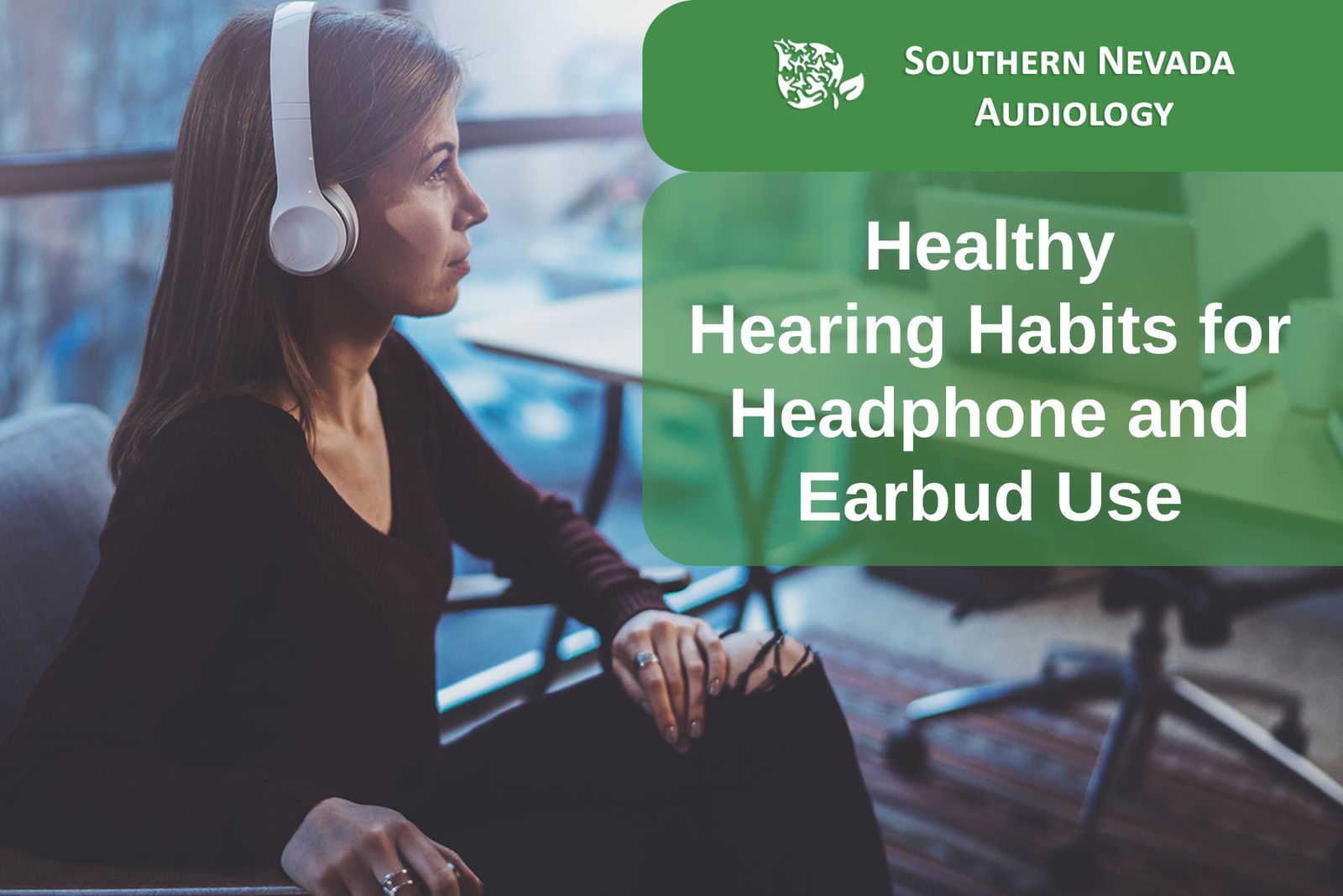 woman listening with headphones on.