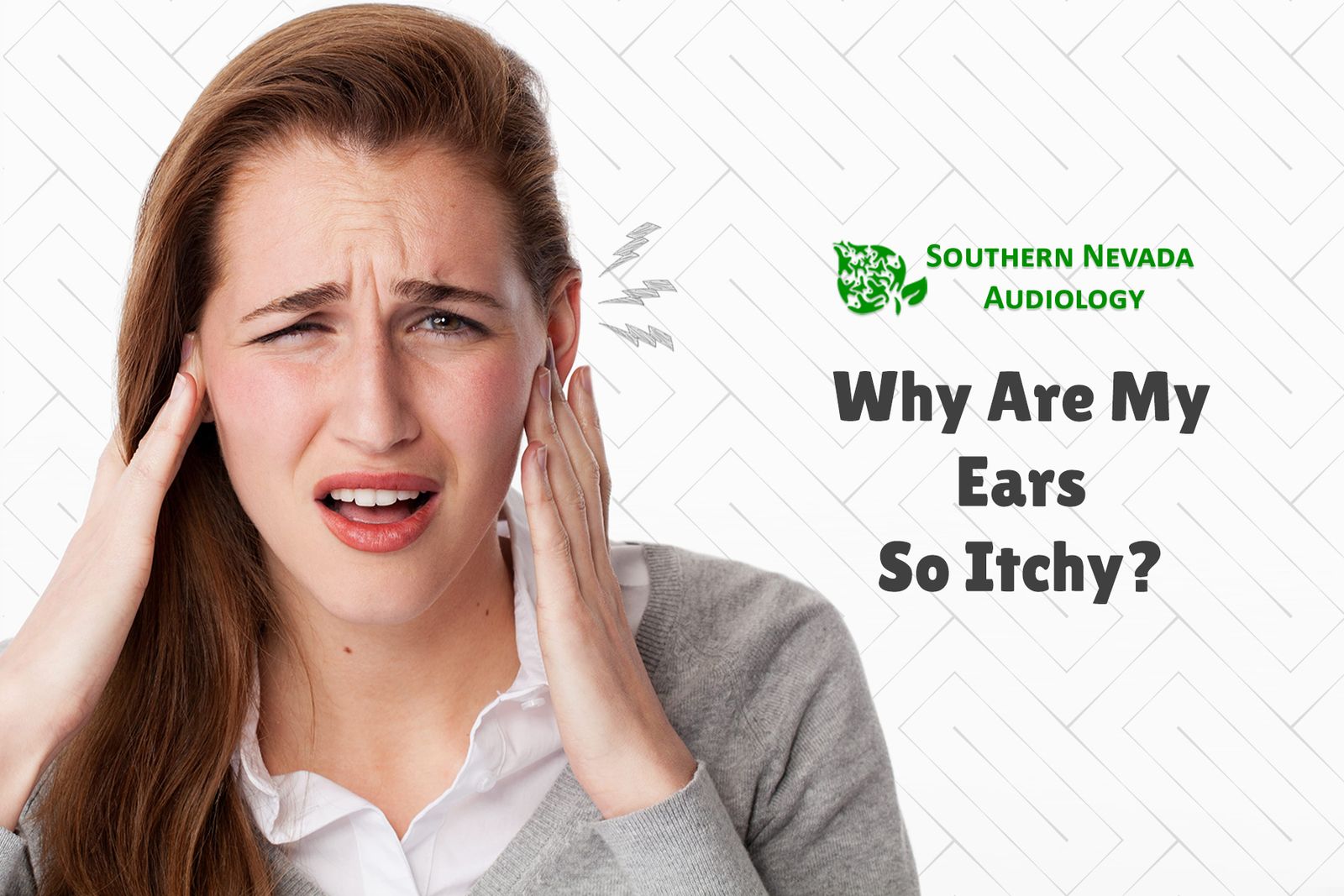 Irritated woman touching itchy ears.