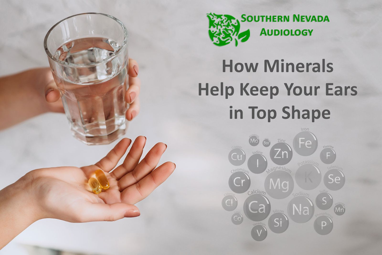 holding vitamins and a glass of water for hearing health